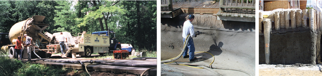 High pressure shotcrete application of concrete on walls.